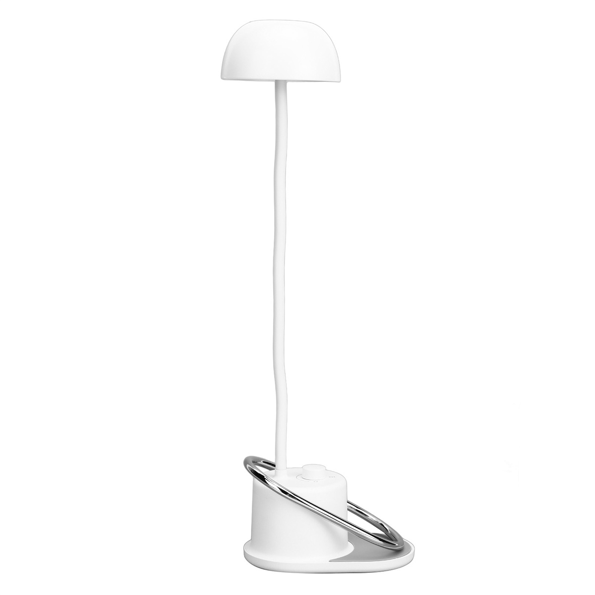 Eine weiße Lampe mit rundem Kopf und einem dünnen, gebogenen Stiel. Die Basis ist ein Ring mit einem kleinen Kreis.