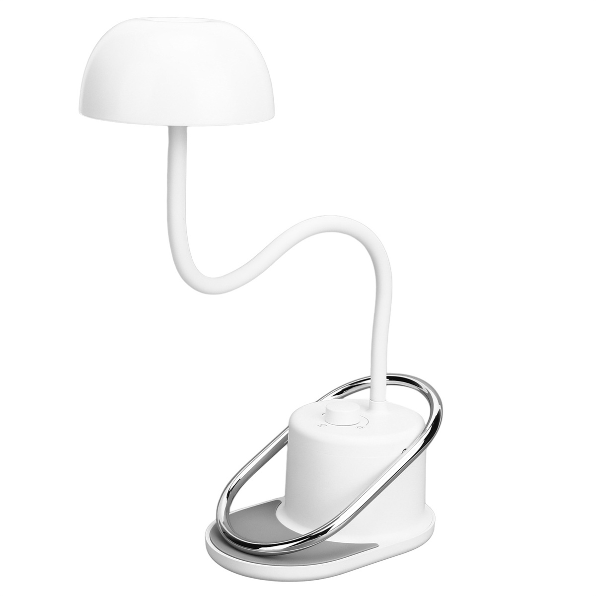 Weiße Schreibtischlampe mit gebogenem Hals und Lampenschirm. Silberner Ring an der Basis.