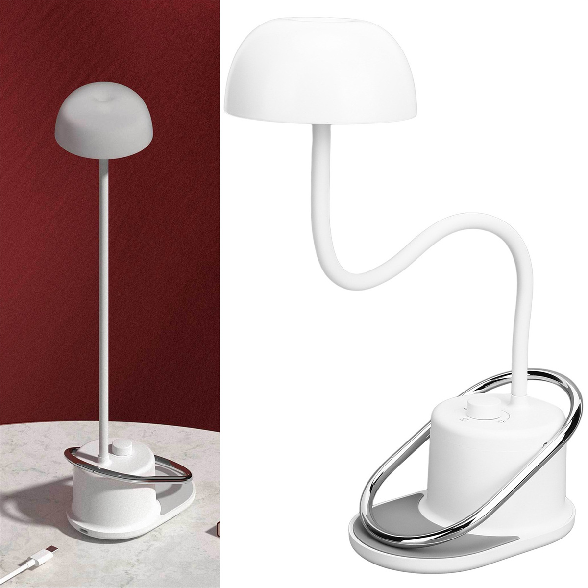 Eine weiße Schreibtischlampe mit gebogenem Arm und pilzförmigem Lampenkopf, auf weißer Oberfläche.