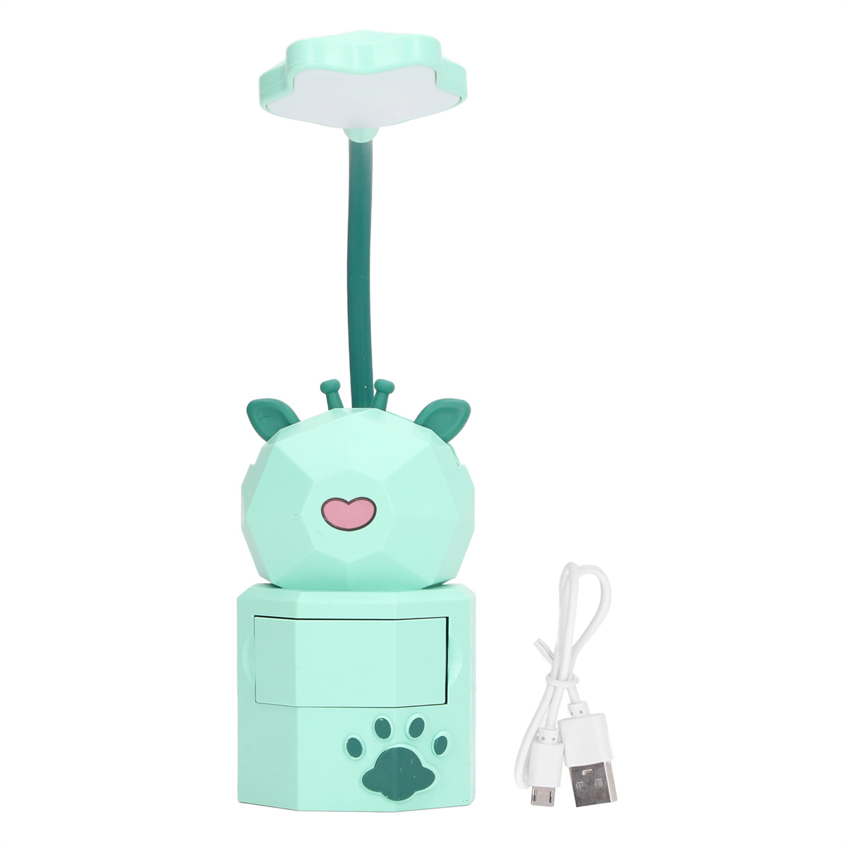 Eine mintgrüne Schreibtischlampe in Form einer Giraffe mit einem USB-Kabel.