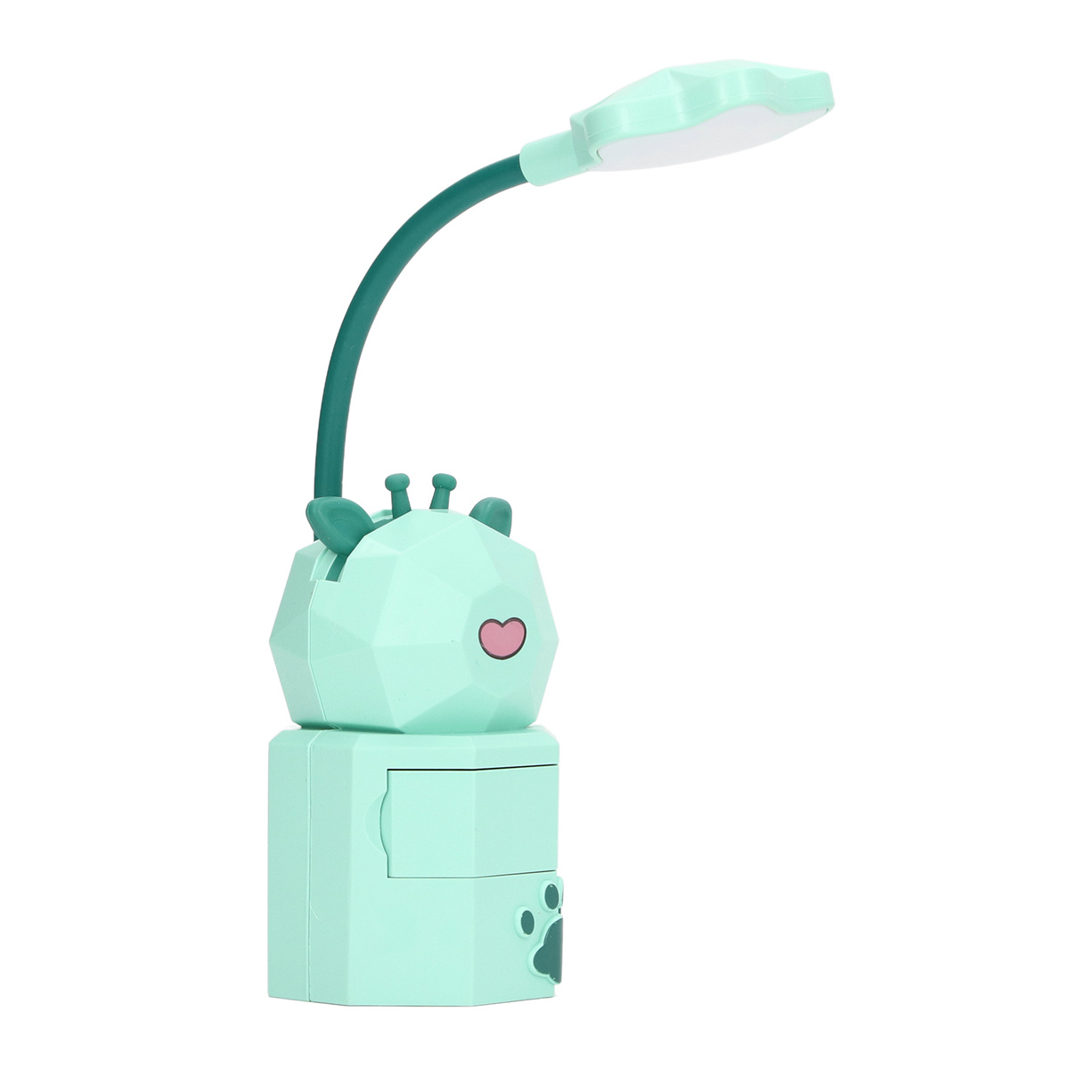 Mintgrüne Schreibtischlampe in Giraffenform mit Schublade und Pfotenabdruck.