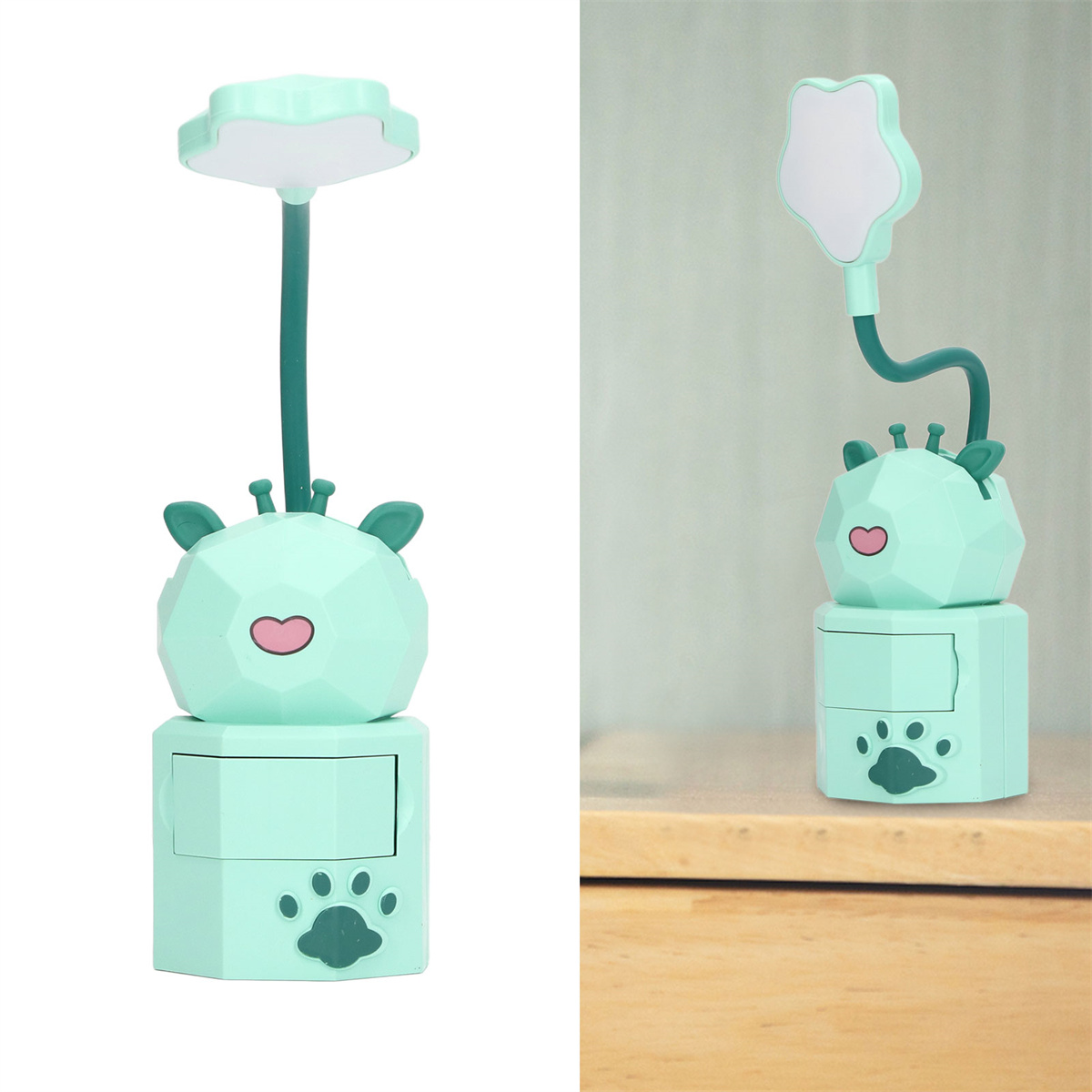 Zwei mintgrüne Lampen in Giraffenform, eine auf einem Tisch, die andere mit abgenommenem Kopf.