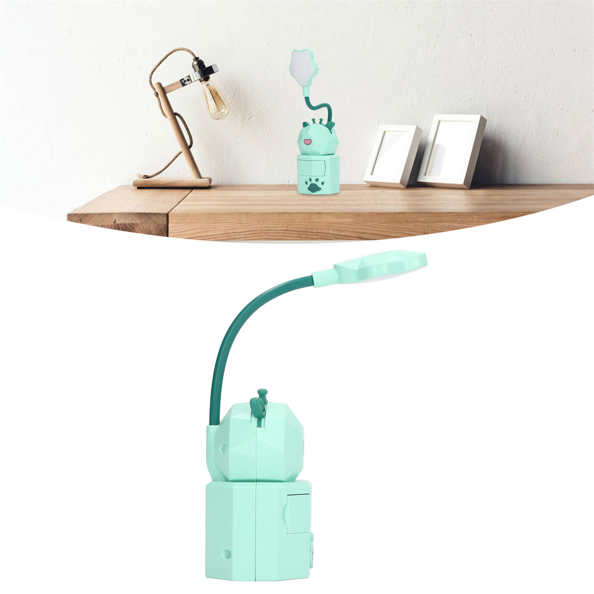 Eine grün-weiße, giraffe-förmige Schreibtischlampe und eine Schreibtischlampe aus Holz. Weiße Rahmen im Hintergrund.