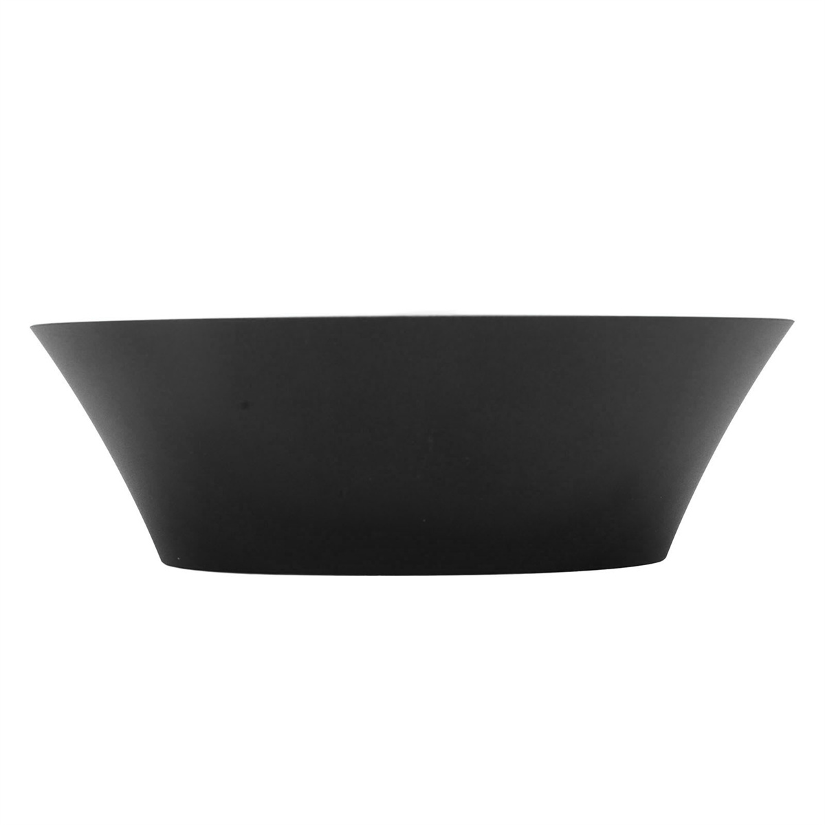 Schwarze, matte, konische Schüssel. Breiter oben, schmaler unten. Einfaches Design, vor weißem Hintergrund.