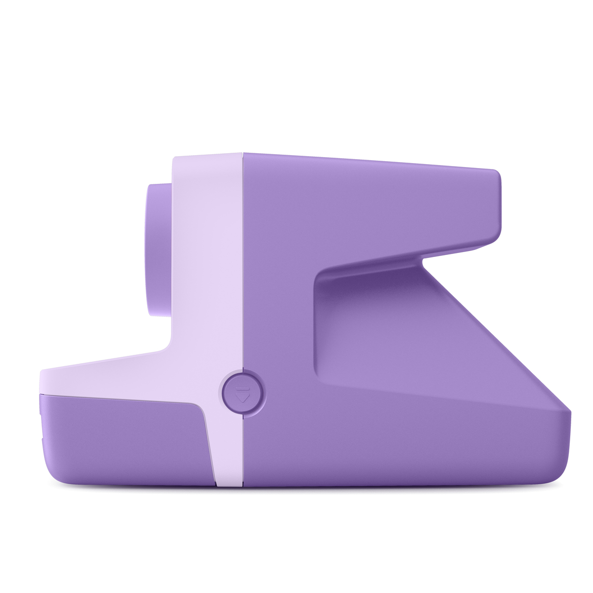 Fioletowo-biały aparat Polaroid, widok z boku, z przyciskiem i obiektywem.