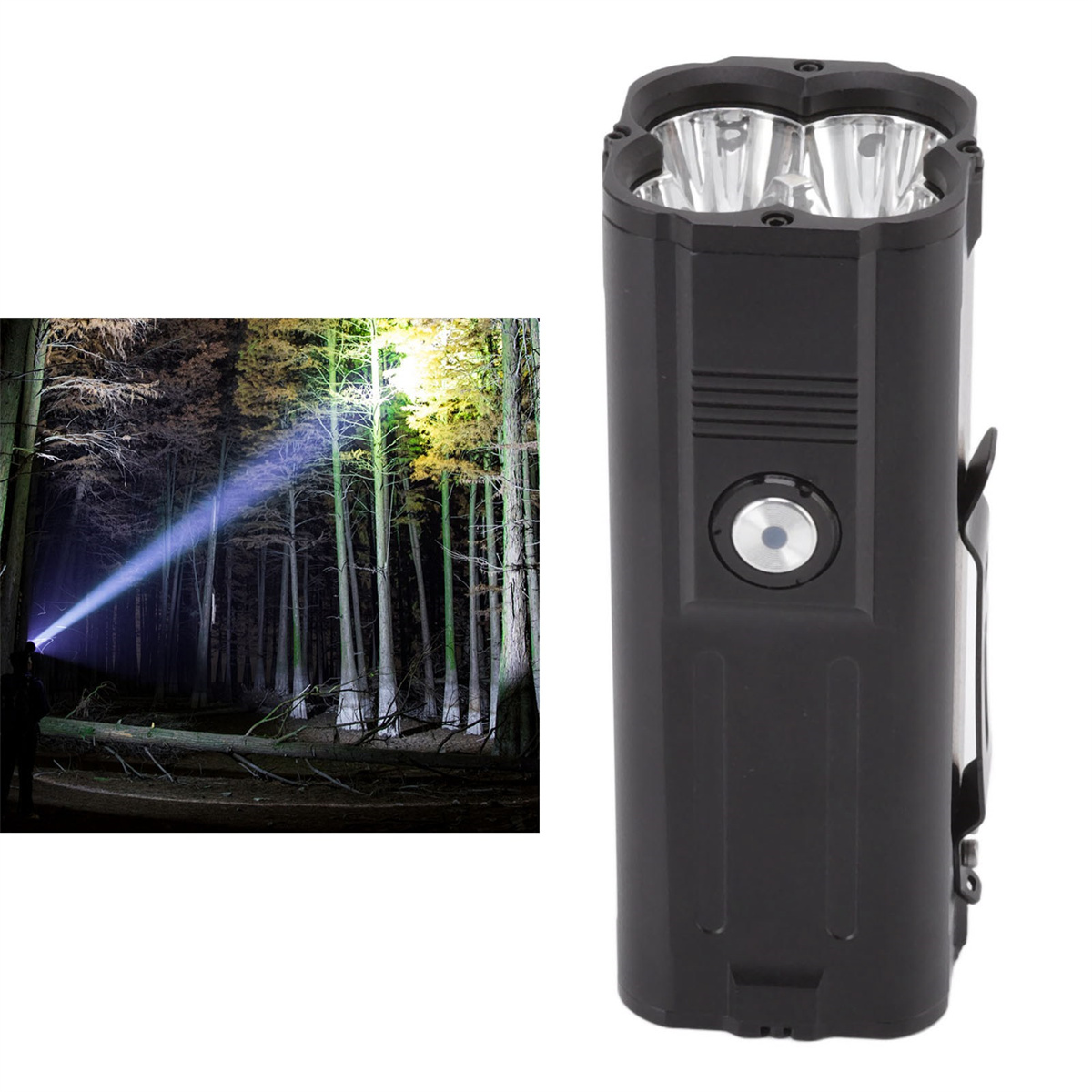 Eine schwarze Taschenlampe mit hellem Lichtstrahl in einem Wald.