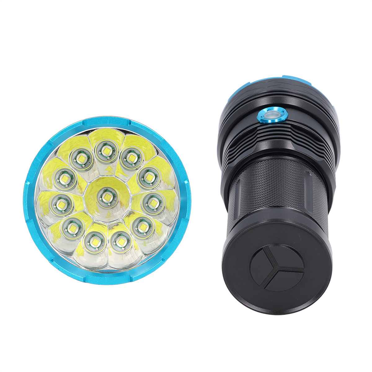 Zwei Taschenlampen, eine mit leuchtenden LEDs, die andere mit Griff.