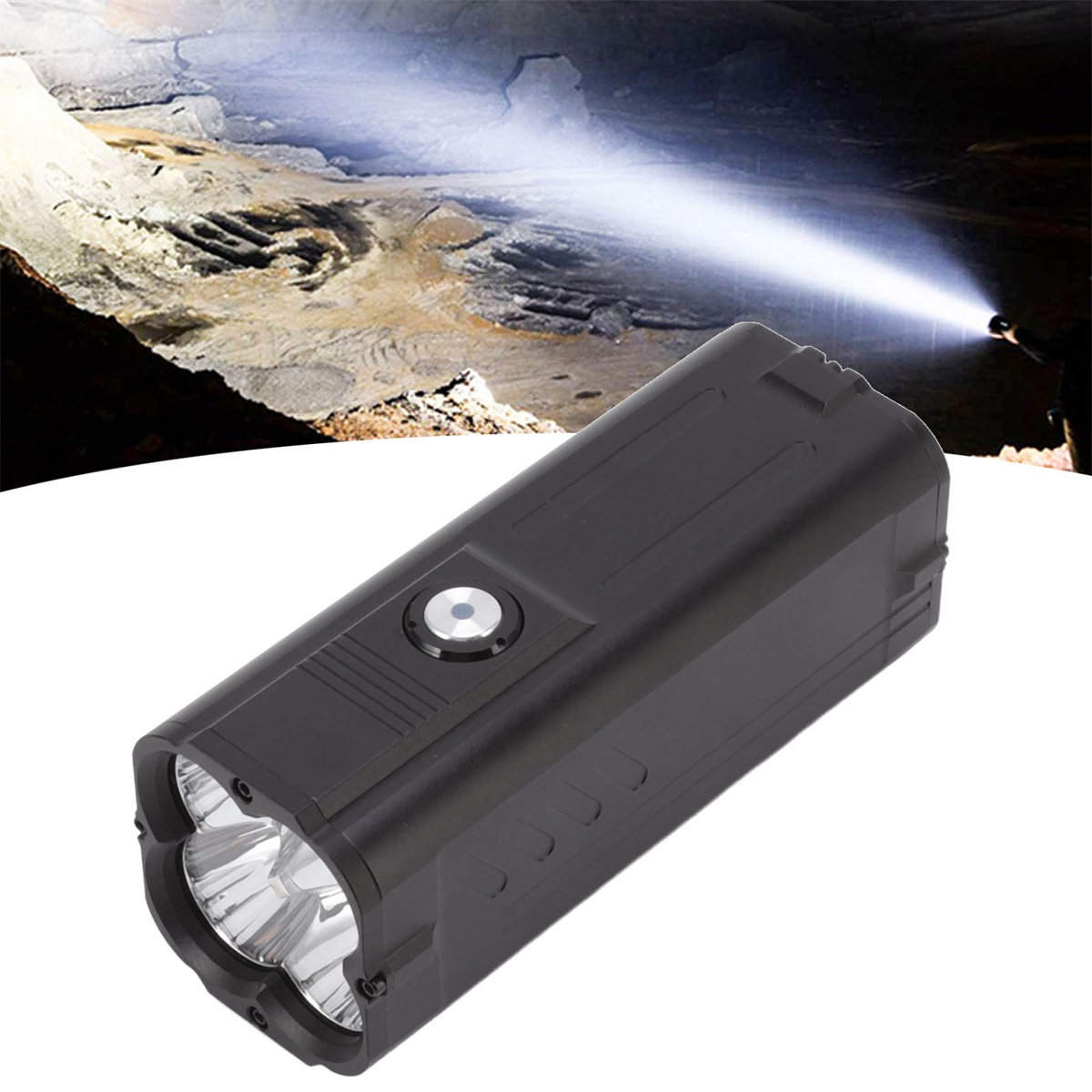 Eine schwarze Taschenlampe in einer Höhle mit hellem Licht. Der Lichtstrahl beleuchtet die felsige Höhle.