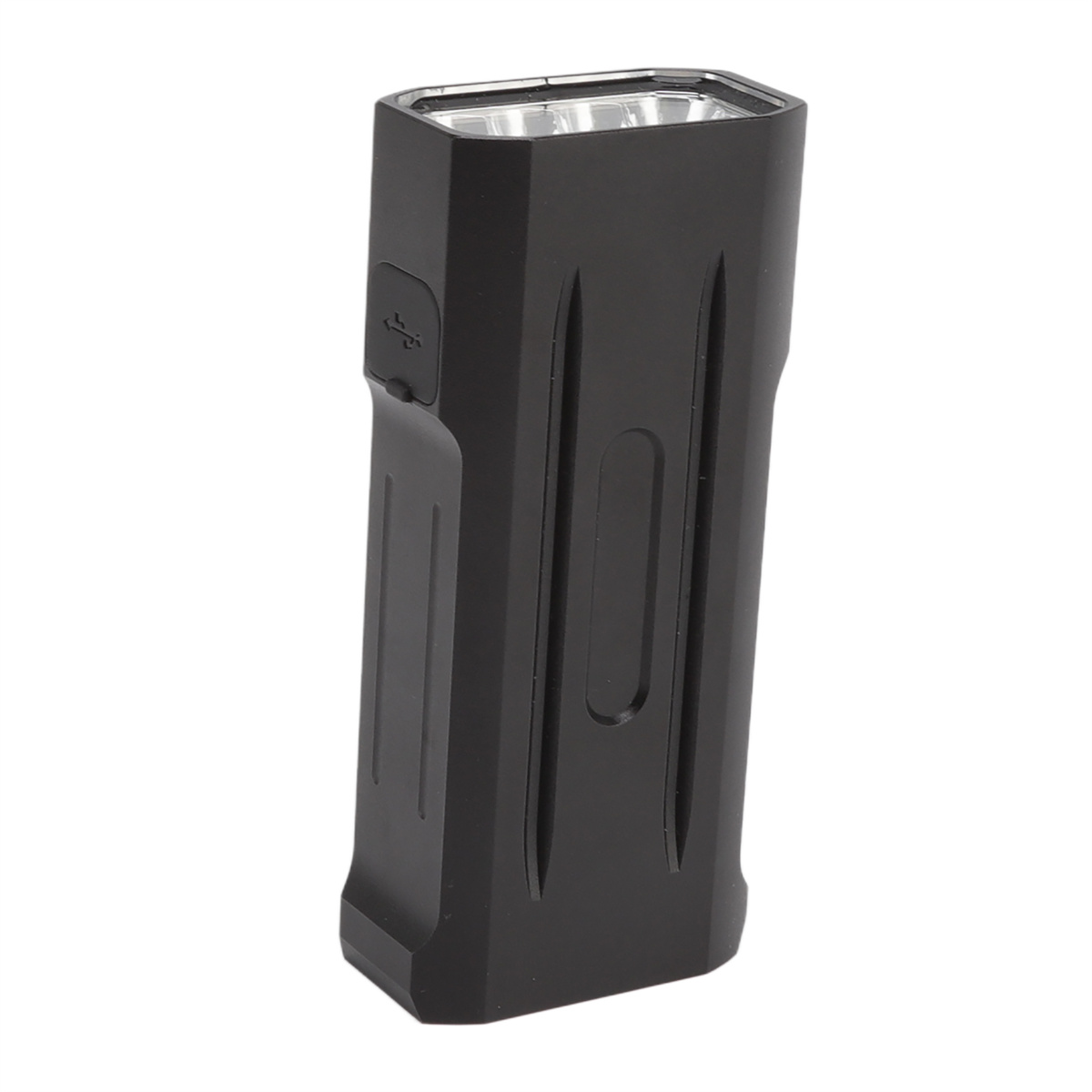 Schwarze, rechteckige Taschenlampe mit USB-Anschluss an der Seite, isoliert auf weißem Hintergrund.