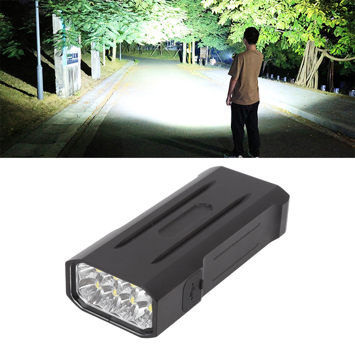 Schwarze Taschenlampe im Vordergrund, beleuchtet einen Mann im Hintergrund.