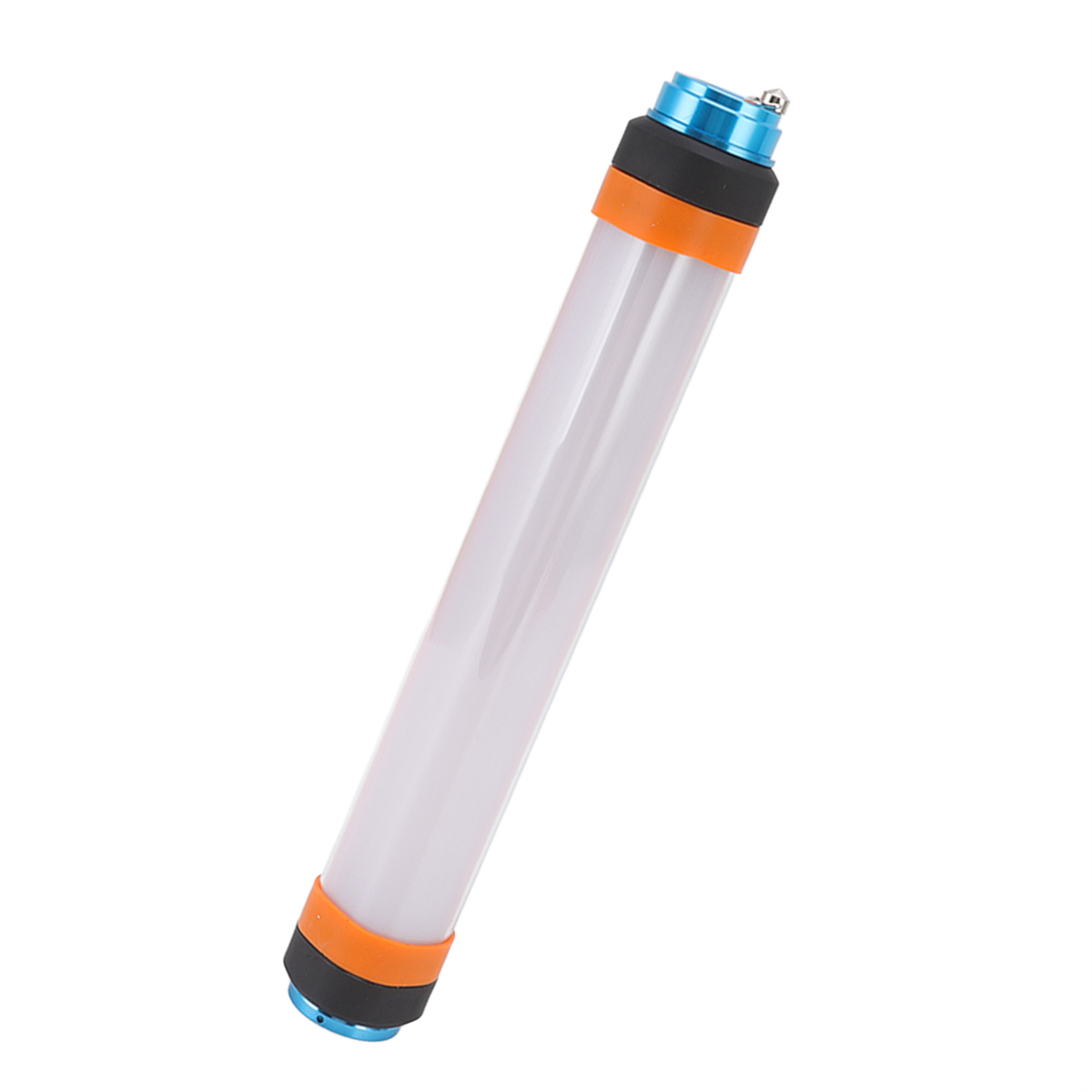 Eine zylindrische Leuchtröhre mit orangefarbenen und blauen Enden.