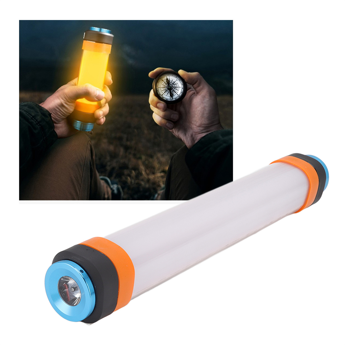 Weiße und orangefarbene Campinglampe, gehalten von Händen, mit Kompass in der Nähe.