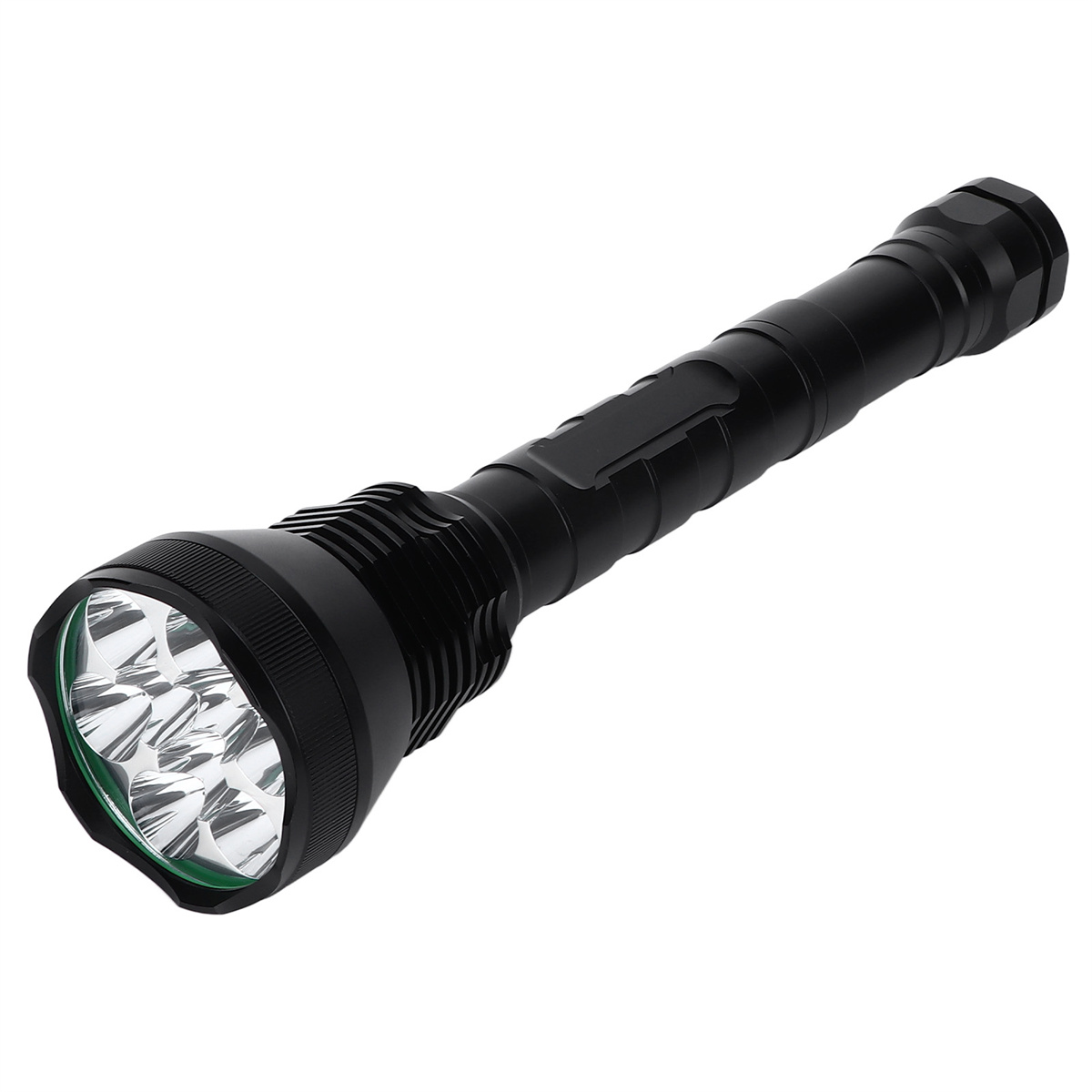 Schwarze Taschenlampe mit hellen Lichtern, Draufsicht, isoliert auf weißem Hintergrund. Geriffelter Griff.