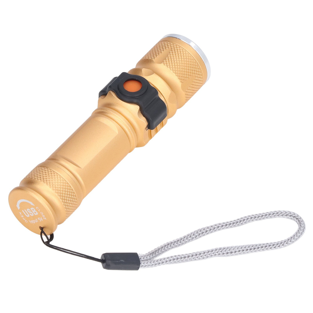 Eine goldene Taschenlampe mit schwarzem Schalter und grauem Handgelenkband, vor weißem Hintergrund.