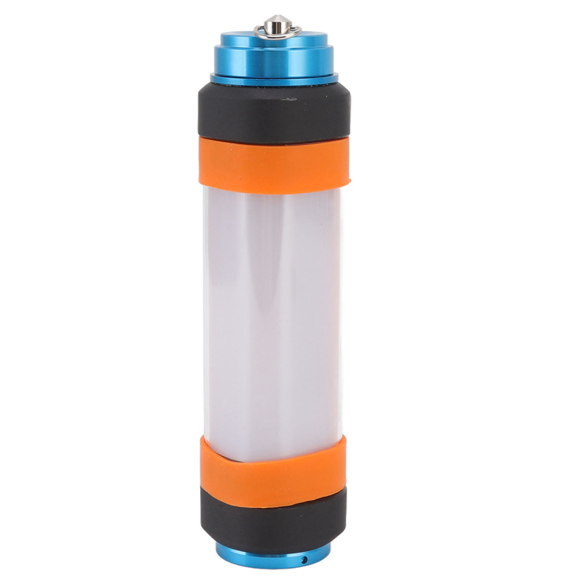 Eine zylindrische LED-Lampe mit blauen und orangefarbenen Akzenten.