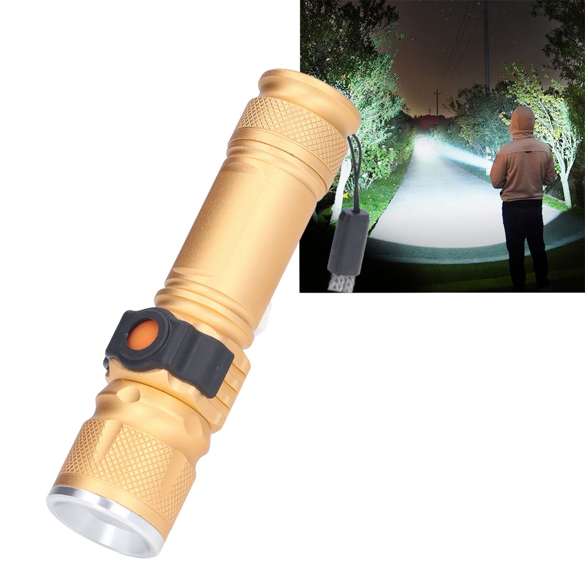 Goldene Taschenlampe in der Hand, mit einer Person, die sie benutzt, um einen dunklen Weg zu beleuchten.