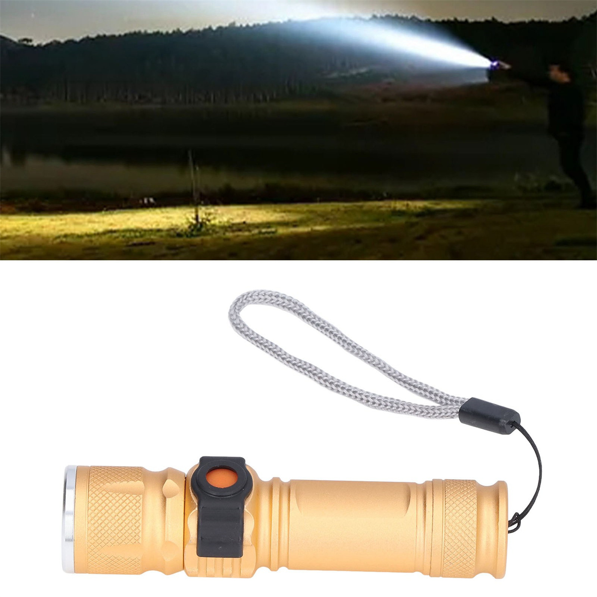 Eine Person, die mit einer goldenen Taschenlampe in einem Feld leuchtet. Nahaufnahme der Taschenlampe unten.