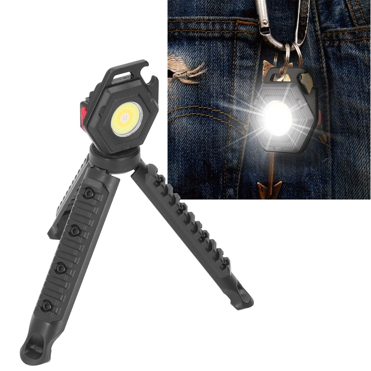 Schwarzes Multitool mit hellem Licht und Stativ. Eines am Schlüsselanhänger.