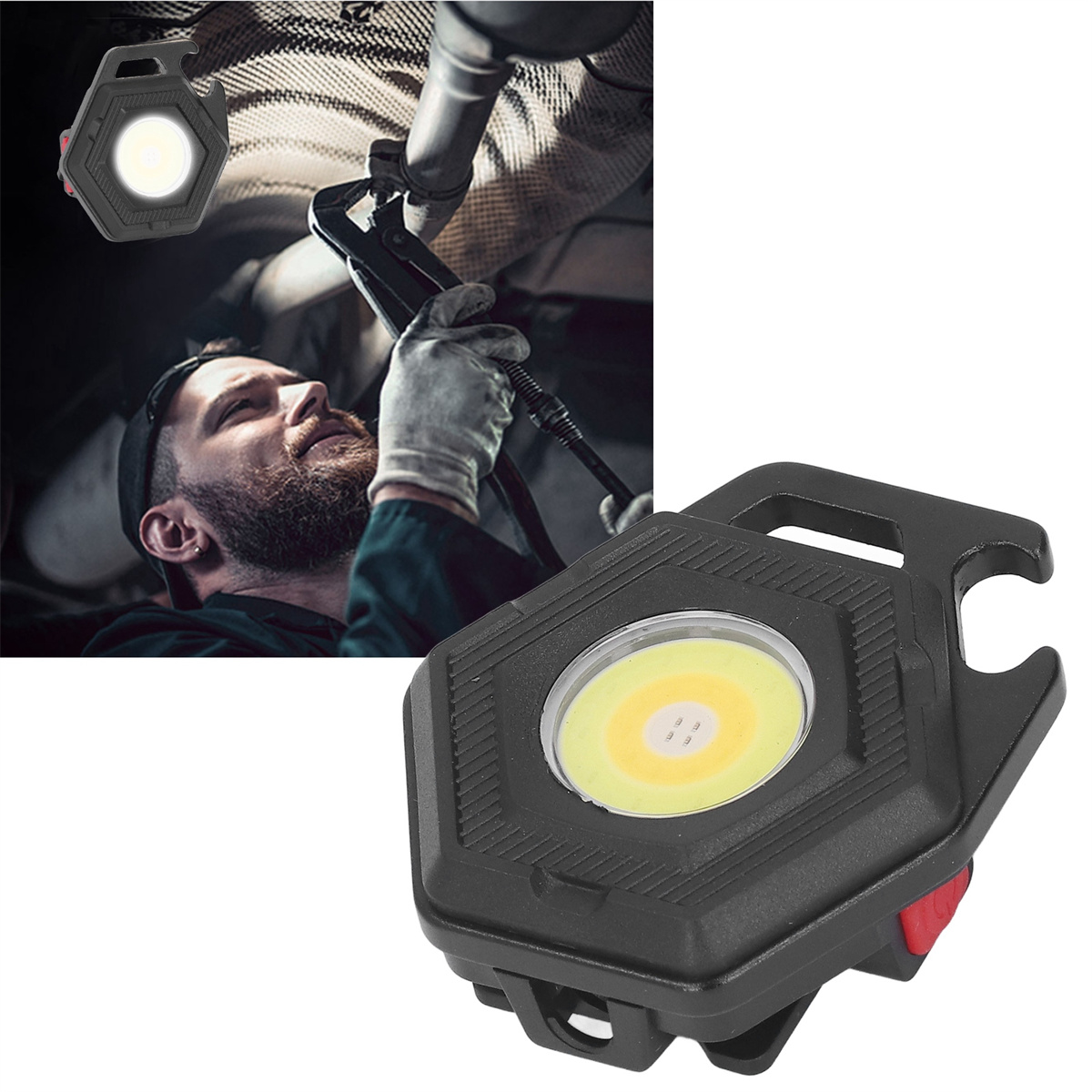 Eine schwarze, kompakte Arbeitsleuchte beleuchtet eine Person, die an einem Automotor arbeitet.