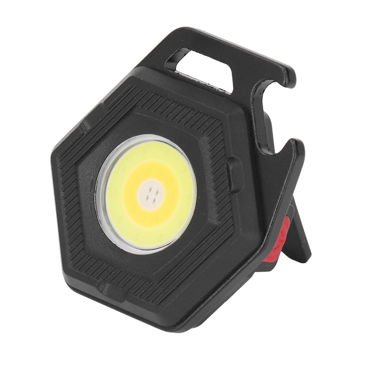 Schwarze Multi-Tool-Taschenlampe mit hellem weißem Licht und rotem Klappständer.