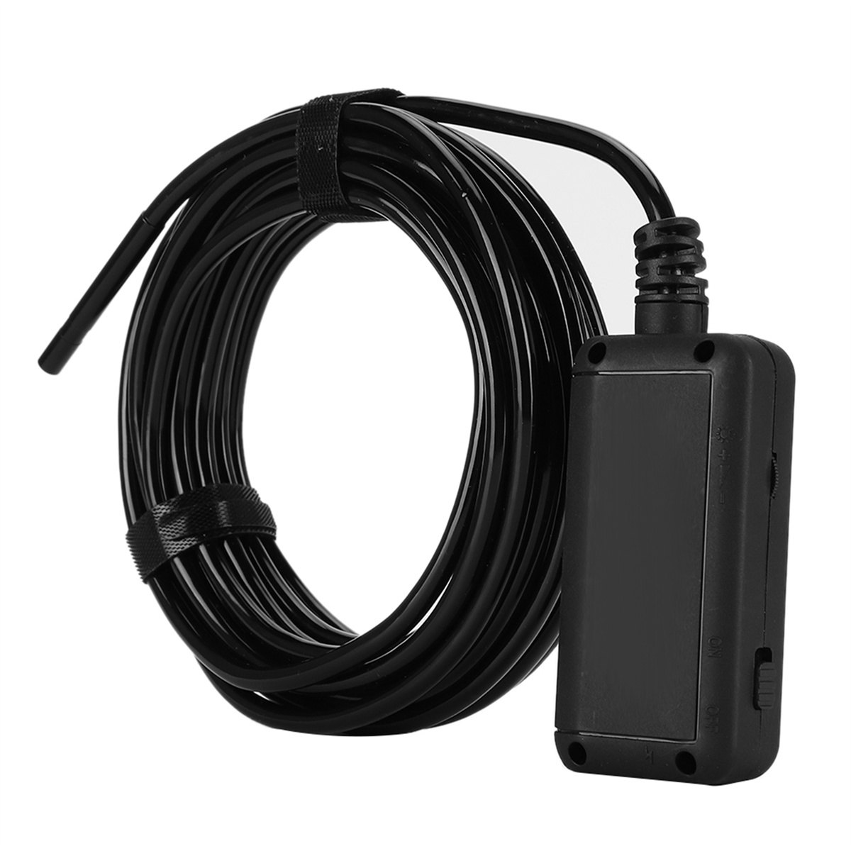 Ein schwarzes Gerät mit einem aufgerollten schwarzen Kabel, beschriftet mit 'ON' und 'OFF'.