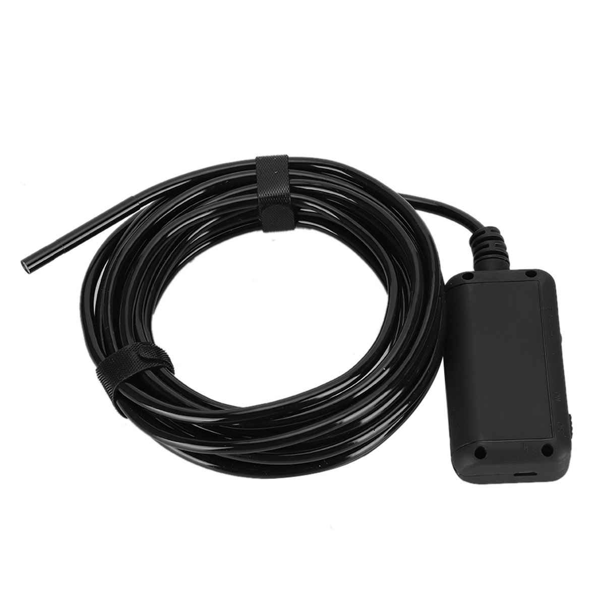 Schwarzes Kabel mit schwarzer Steuerbox und Klettverschluss.