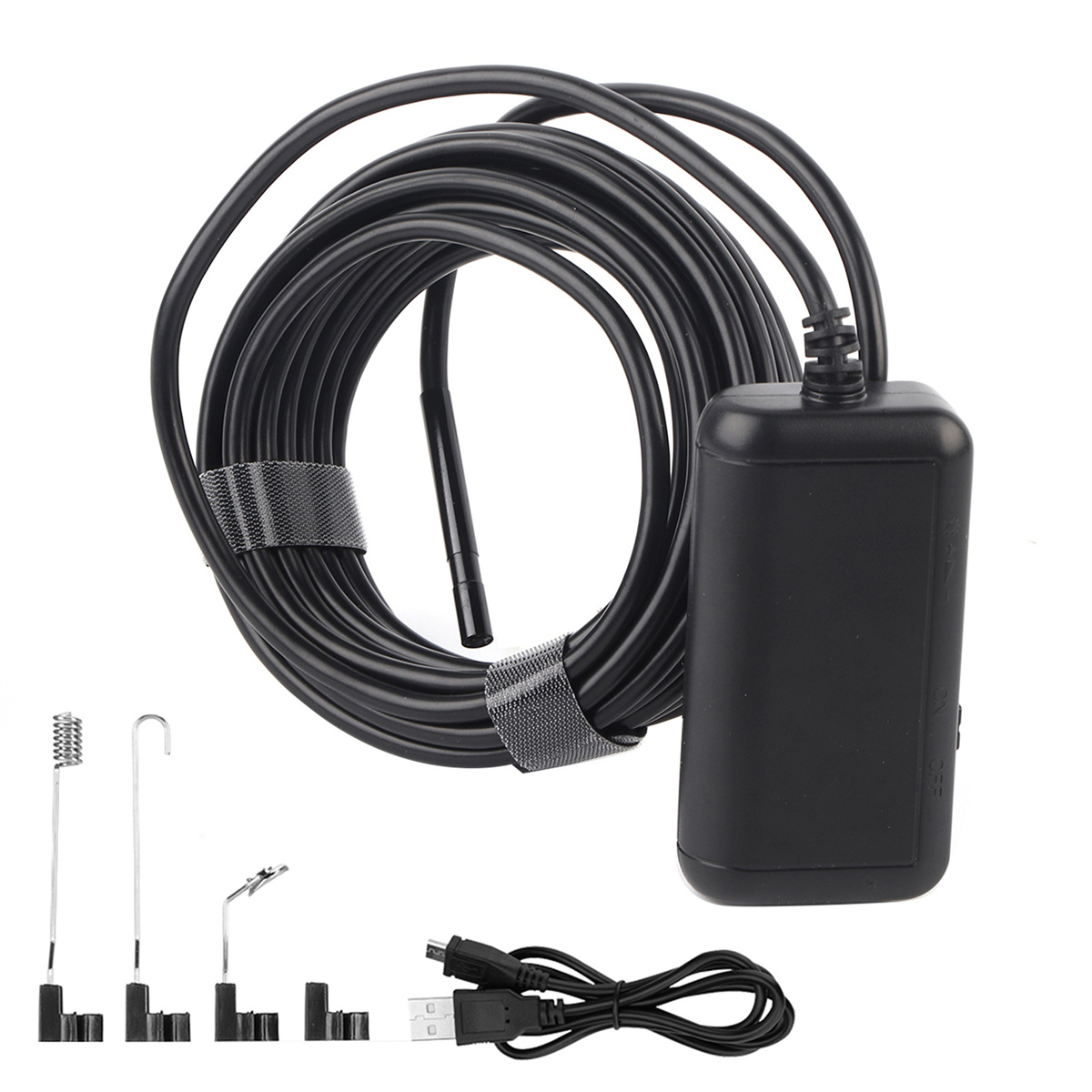 Schwarze Inspektionskamera mit aufgerolltem Kabel, Steuereinheit und verschiedenen Werkzeugen.
