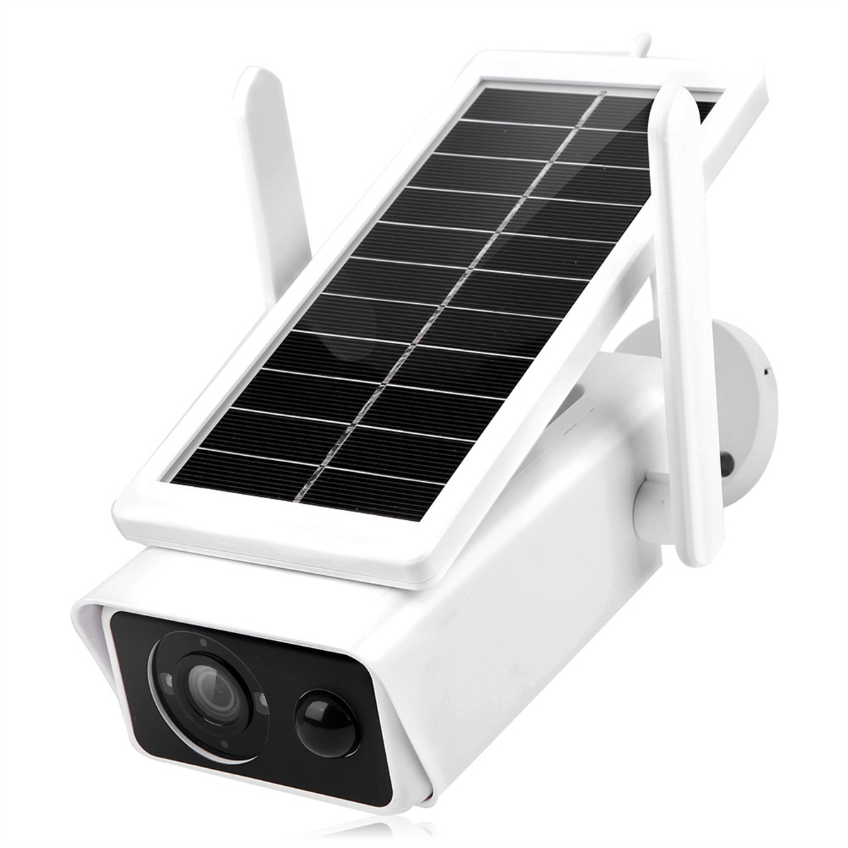 Eine weiße Überwachungskamera mit einem schwarzen Solarpanel oben drauf.
