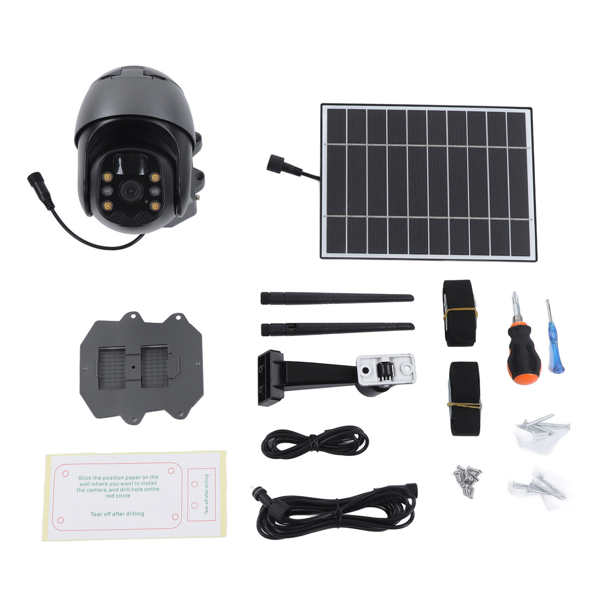 Sicherheitskamera und Solarpanel, sowie Zubehör wie Halterungen, Schrauben und Antennen.