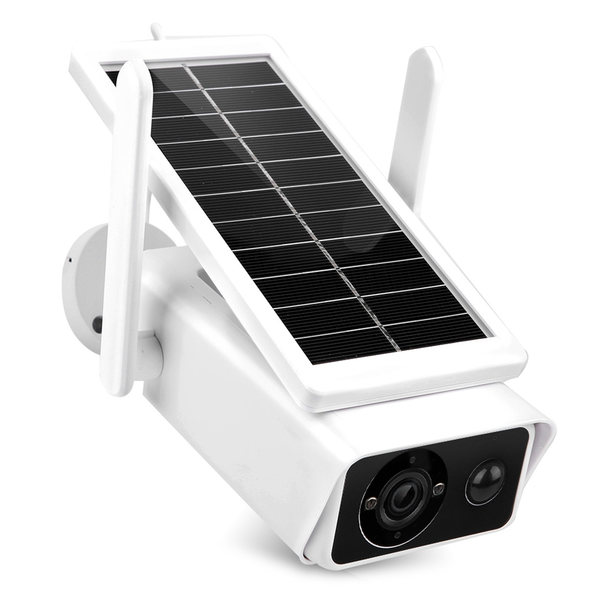 Weiße Überwachungskamera mit Solarpanel und zwei Antennen. Sie ist auf einer weißen Oberfläche montiert.