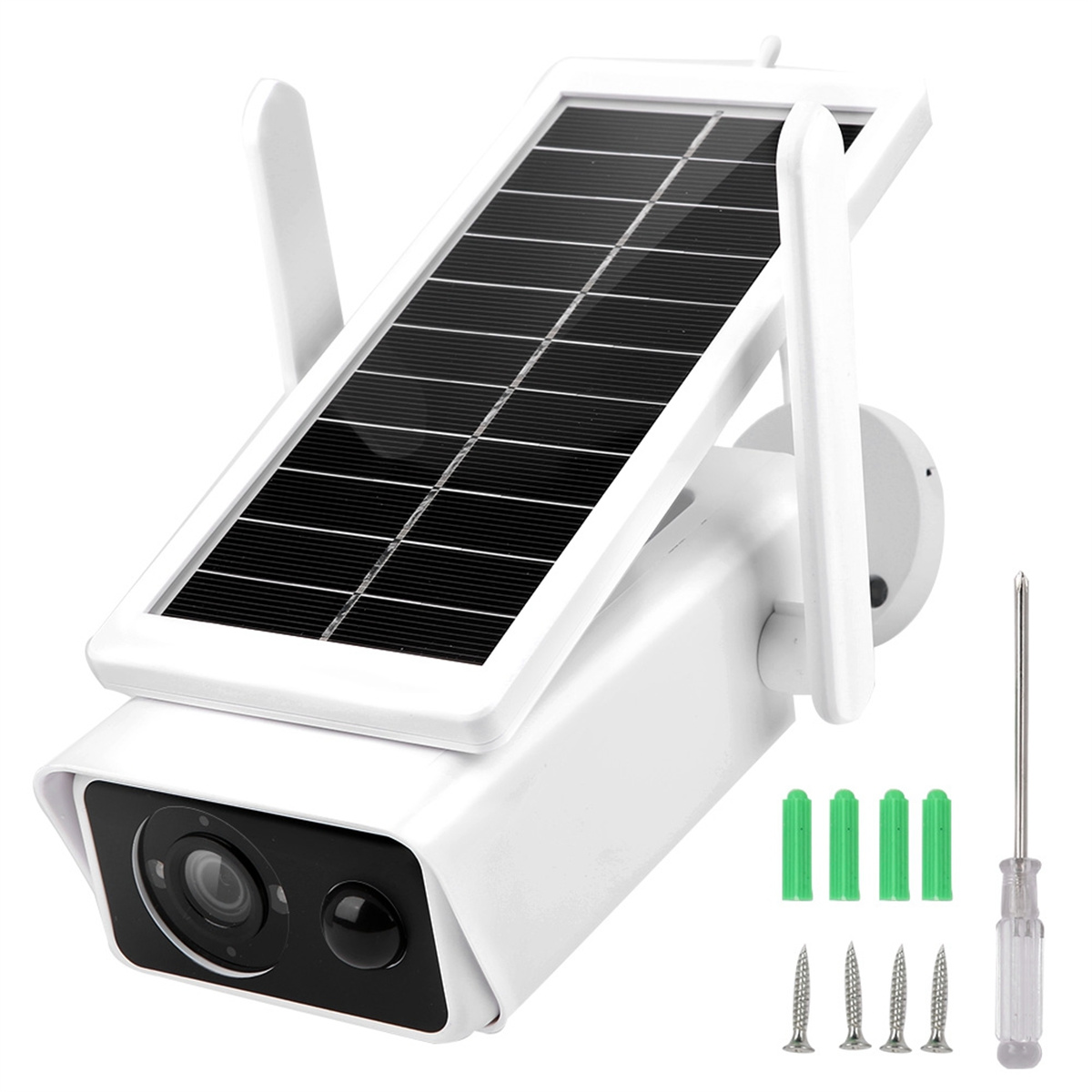 Eine weiße Überwachungskamera mit Solarpanel, Antennen und Montagezubehör.