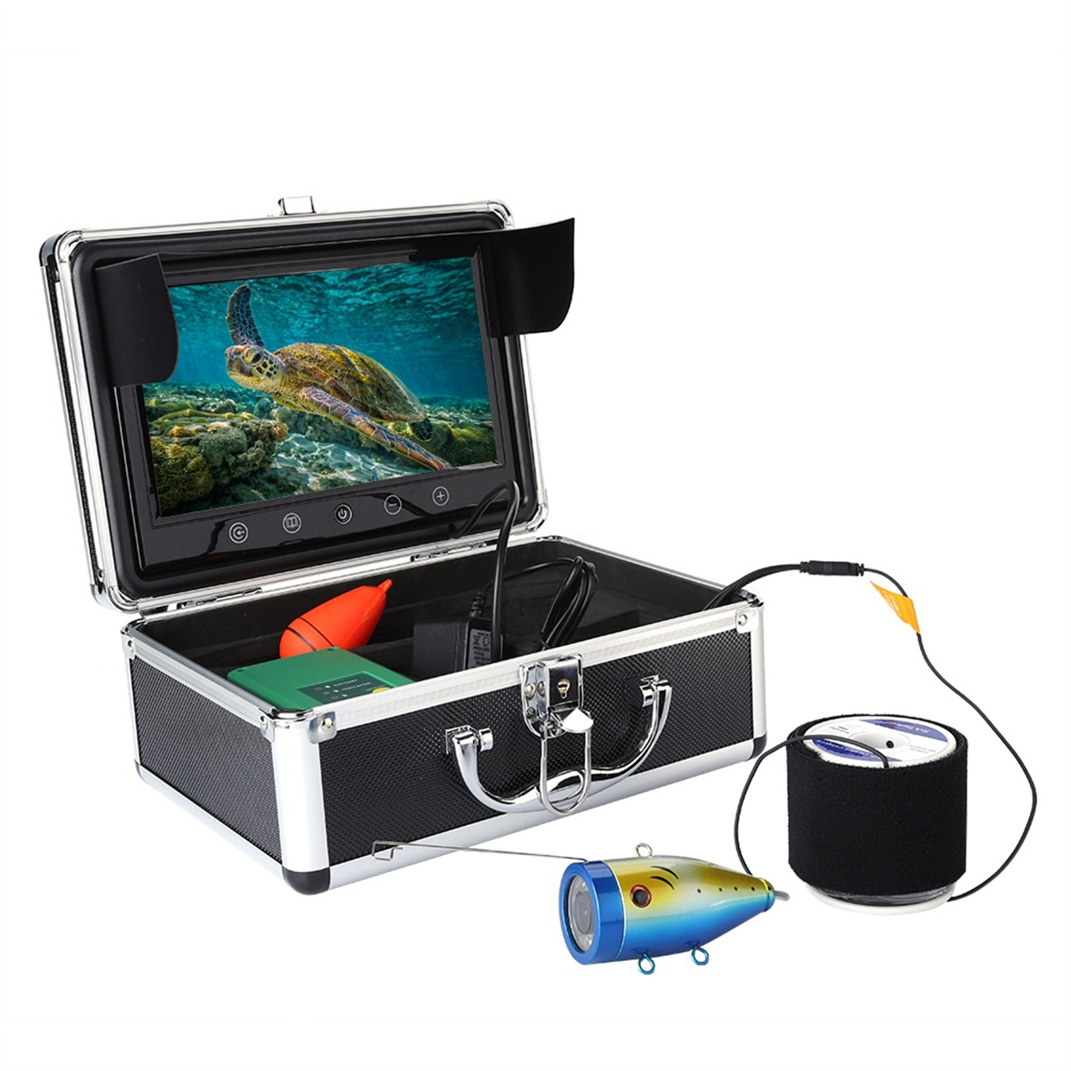 Ein Unterwasserkamera-Set mit einem Bildschirm, der ein Schildkrötenbild zeigt.
