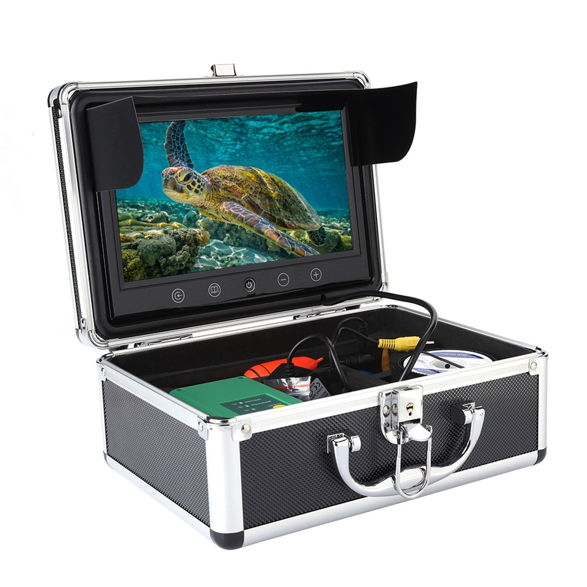 Ein tragbares Unterwasserkamera-Kit mit einem Bildschirm, der eine Schildkröte im Meer zeigt.
