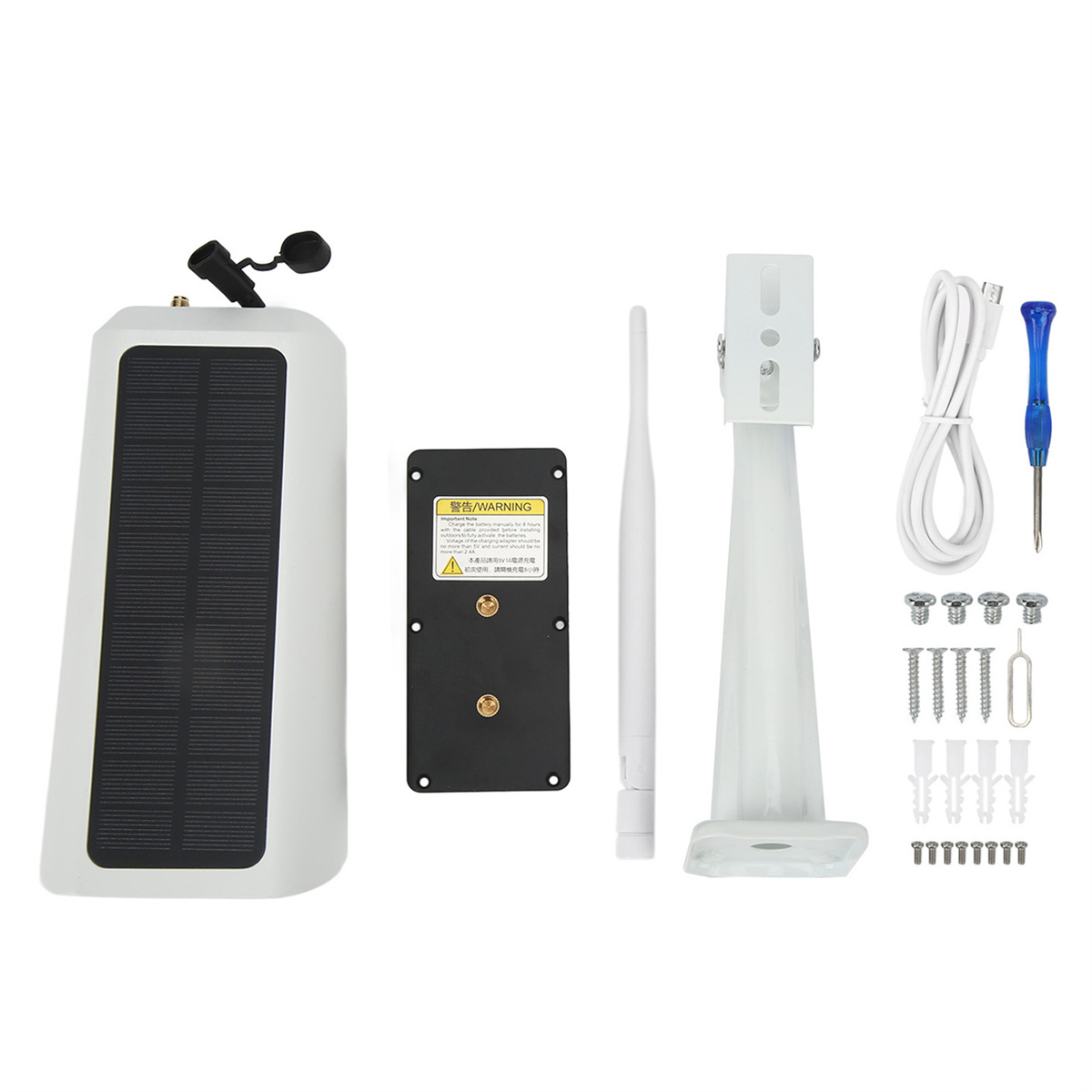 Ein Überwachungskamera-Kit mit Solarpanel, Antenne und Befestigungsmaterial.