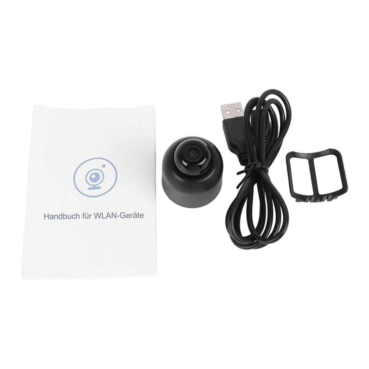 Kleines schwarzes Sicherheitskamera-Set mit Handbuch und USB-Kabel auf weißer Oberfläche.