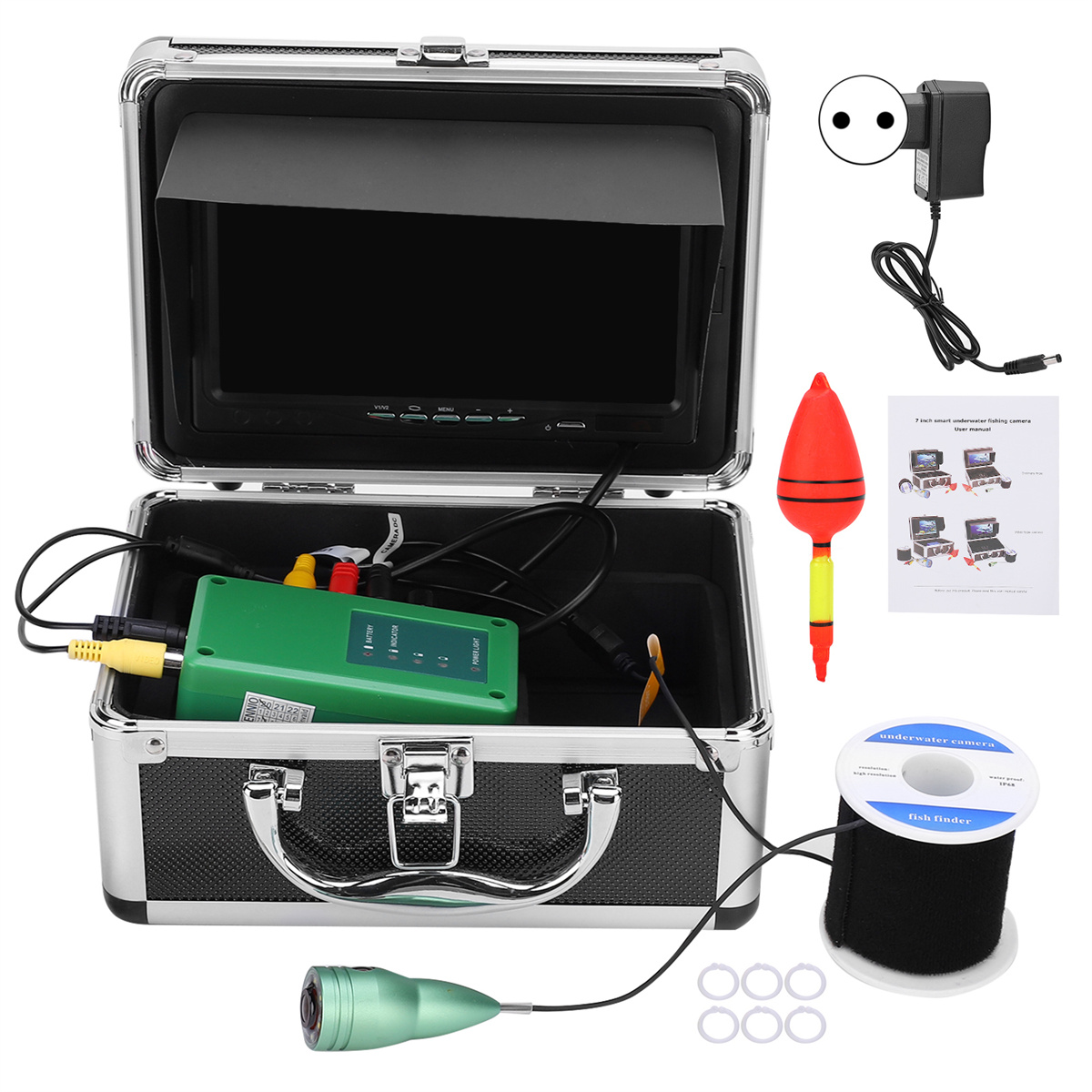 Ein Angelkamera-Kit mit Monitor, Kamera und Zubehör in einem Koffer.