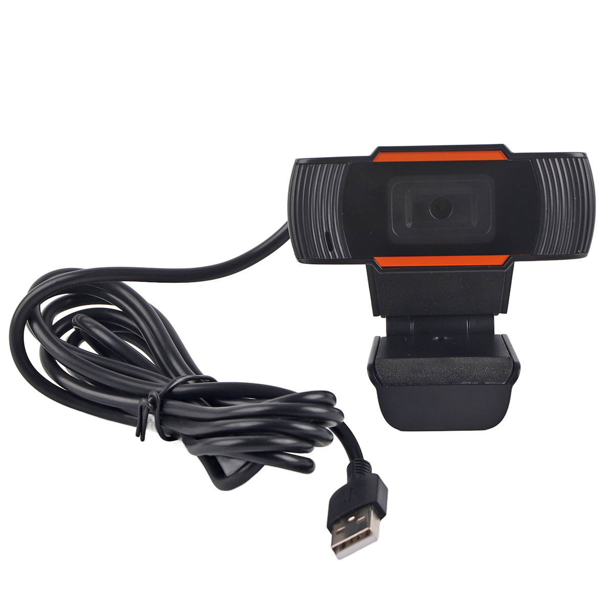 Eine schwarze Webcam mit Kamera, orangefarbenem Detail und USB-Kabel. Auf einem schwarzen Ständer.