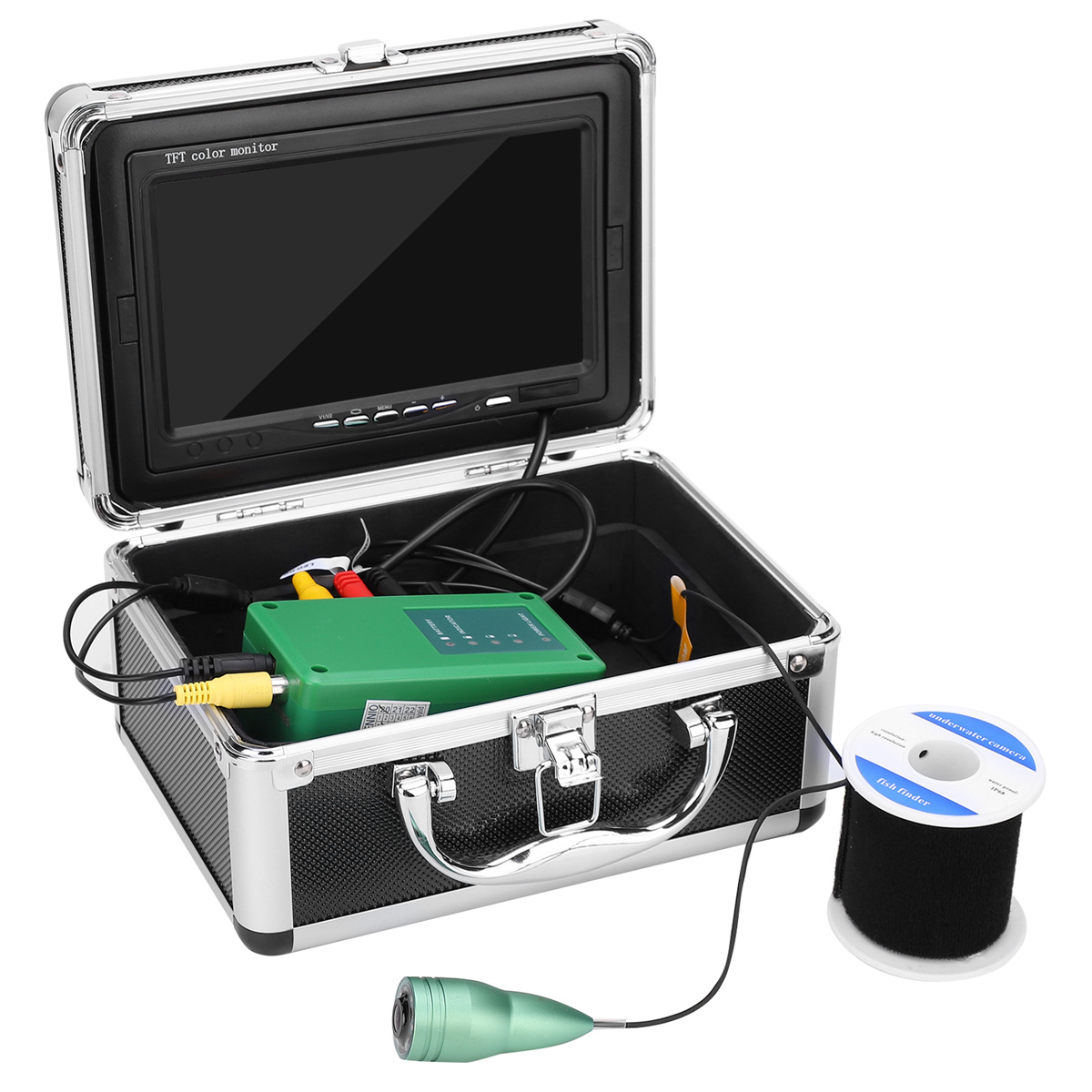 Unterwasserkamera-Kit. Enthält Kamera, Bildschirm und eine Kabelrolle in einem Metallkoffer.