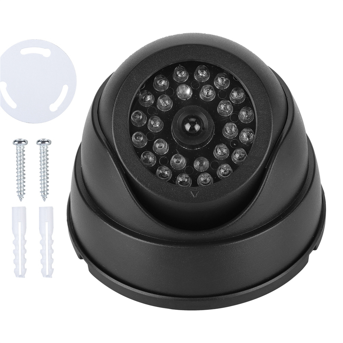 Schwarze Dome-Überwachungskamera mit Schrauben und Befestigungsmaterial. Weißer Hintergrund.