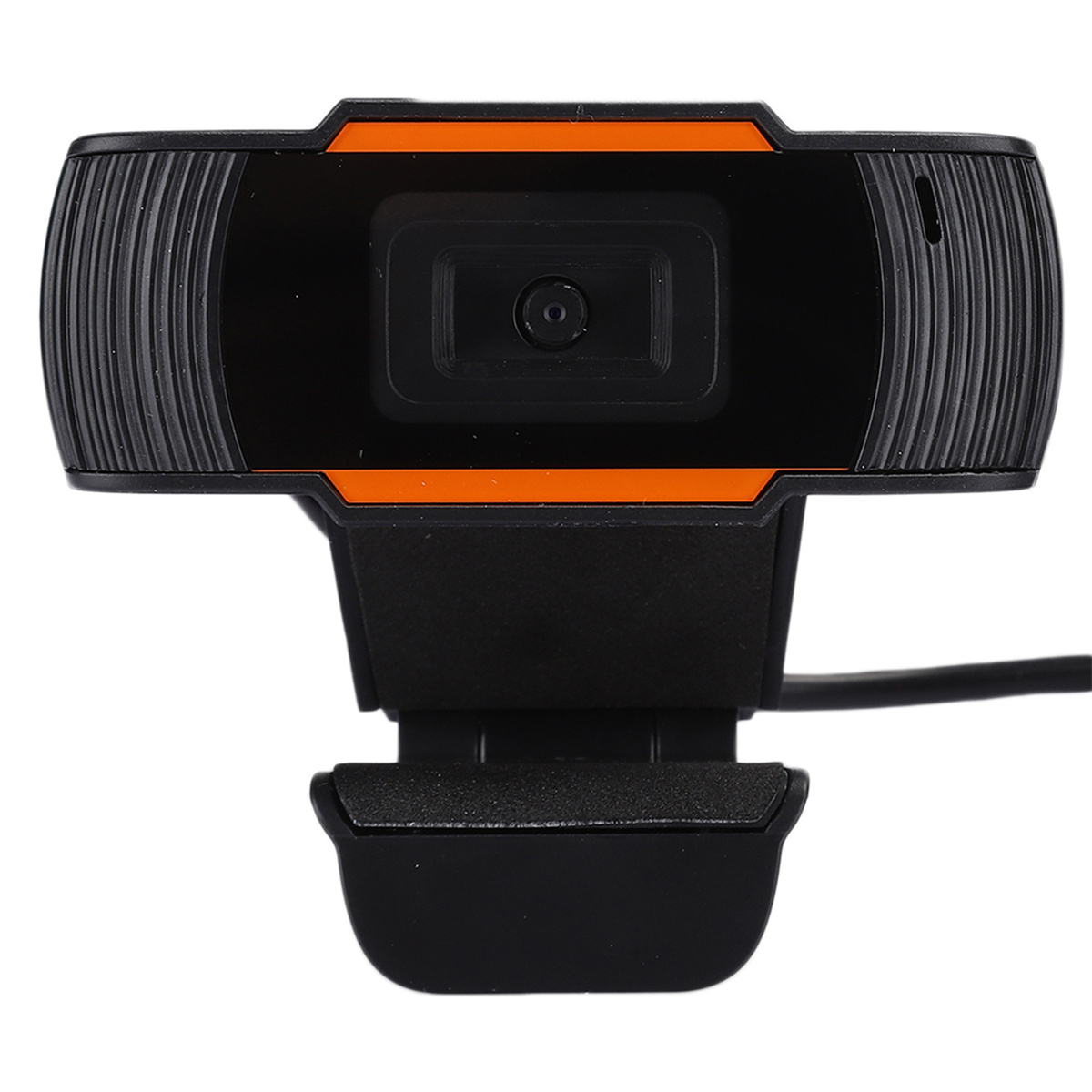 Webcam mit schwarzem Gehäuse und orangefarbenen Akzenten. Das Objektiv ist in der Mitte.