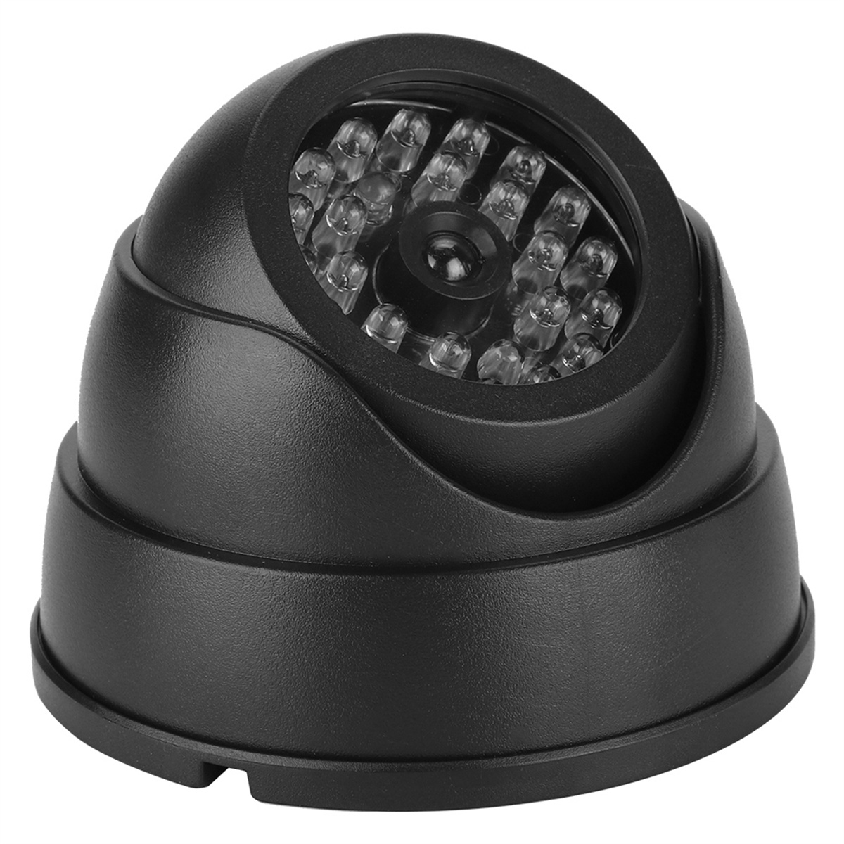 Eine schwarze Kuppel-Überwachungskamera mit einer runden, dunklen Linse, umgeben von kleinen Lichtern.