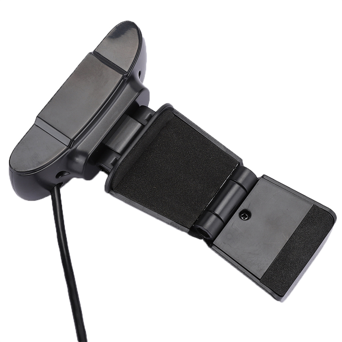 Schwarze Webcam, abgewinkelt, zeigt die Linse und eine Halterung. Ein Kabel geht vom Gerät aus.