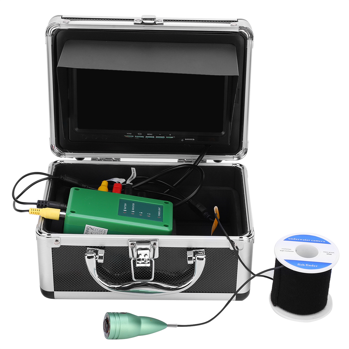 Ein metallischer Koffer mit einem Bildschirm und Ausrüstung für Unterwasserkamera und Fischfinder.