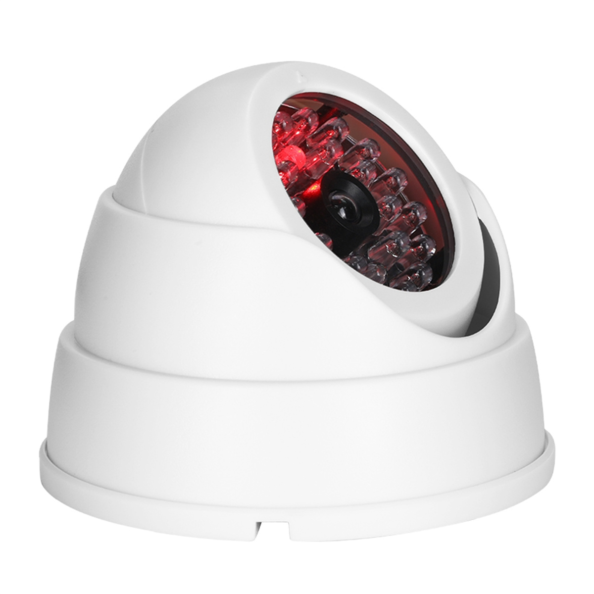 Weiße Dome-Überwachungskamera mit roten Lichtern und einer dunklen Linse.