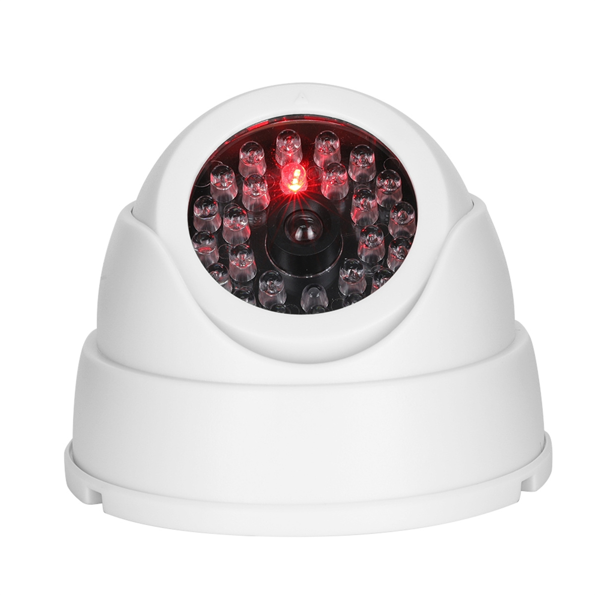Weiße Dome-Überwachungskamera mit roten LEDs. Der Hintergrund ist weiß.