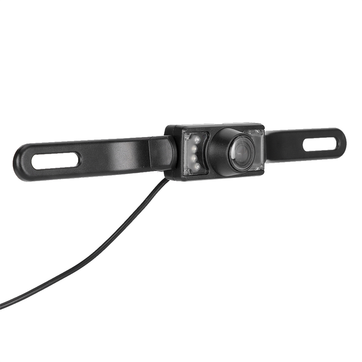Schwarze Auto-Rückfahrkamera mit Kennzeichenhalterung und Kabel nach links.