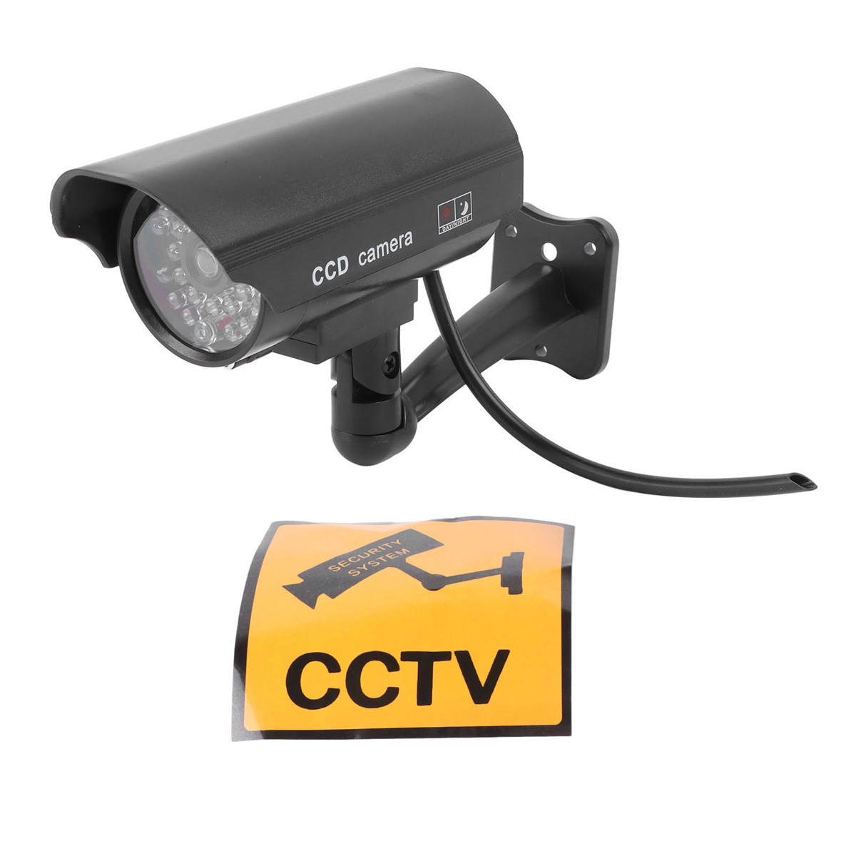 Schwarze CCTV-Kamera mit 'CCD camera'-Text und Sicherheitsaufkleber. An der Wand montiert.
