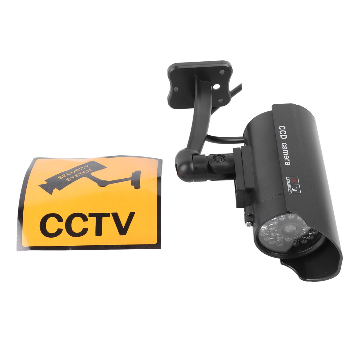 Eine schwarze CCTV-Kamera mit einem gelben CCTV-Schild auf weißem Hintergrund.