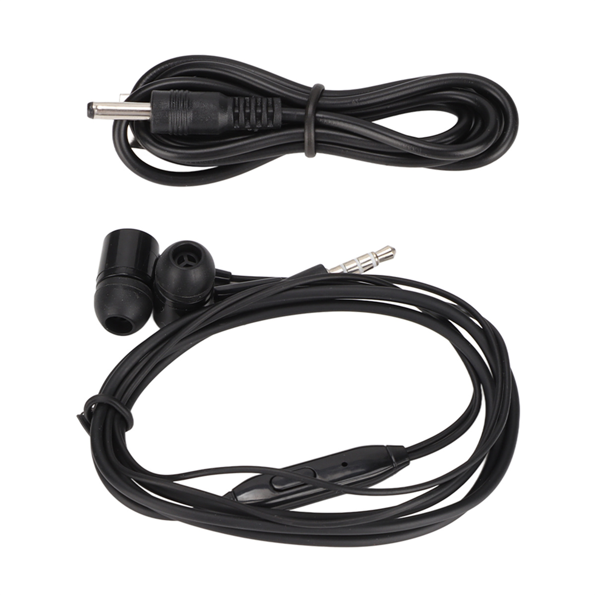 Schwarze In-Ear-Kopfhörer und ein Kabel mit 3,5-mm-Klinke und Bedientaste.
