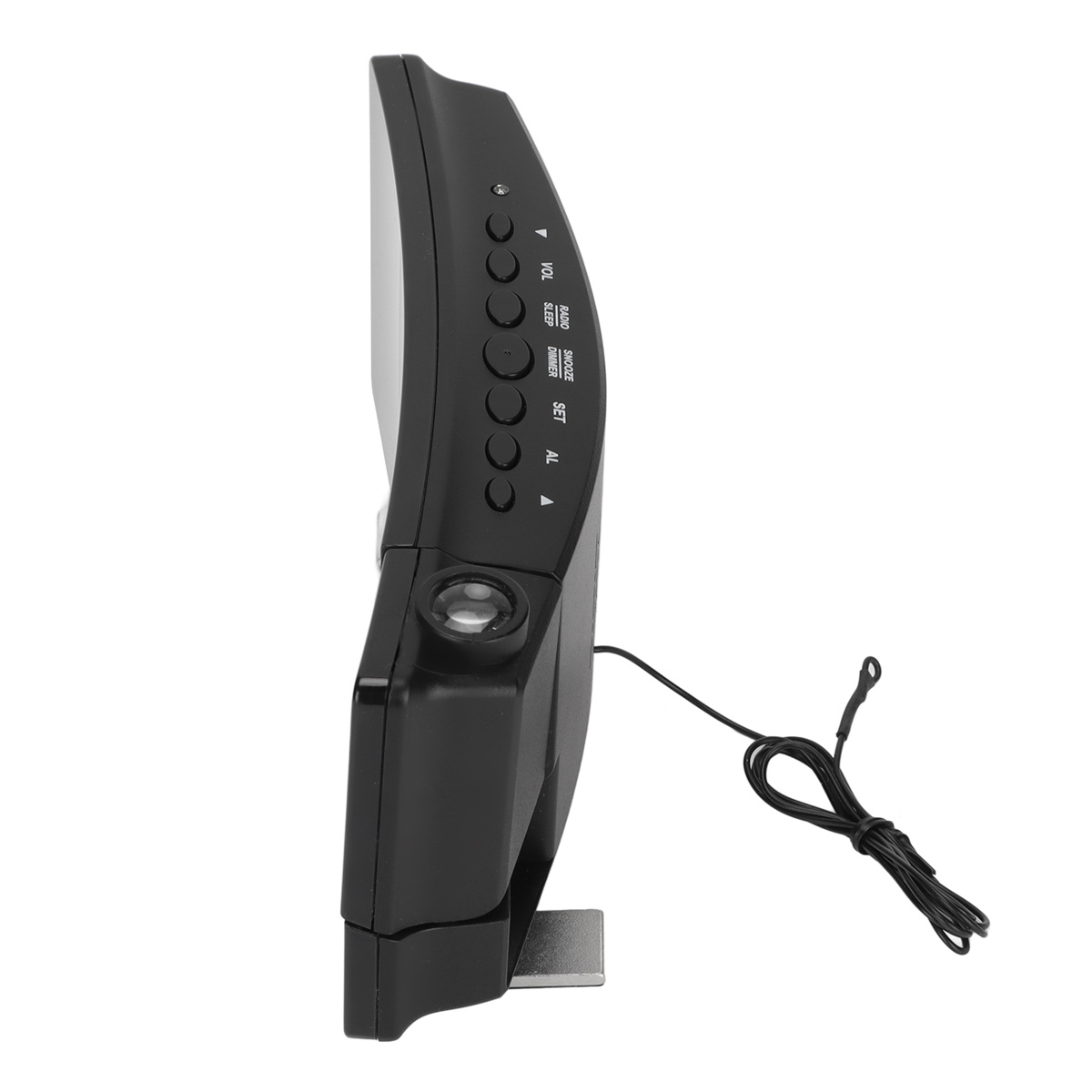 Schwarzer digitaler Wecker mit Knöpfen und Netzkabel, auf weißem Hintergrund.